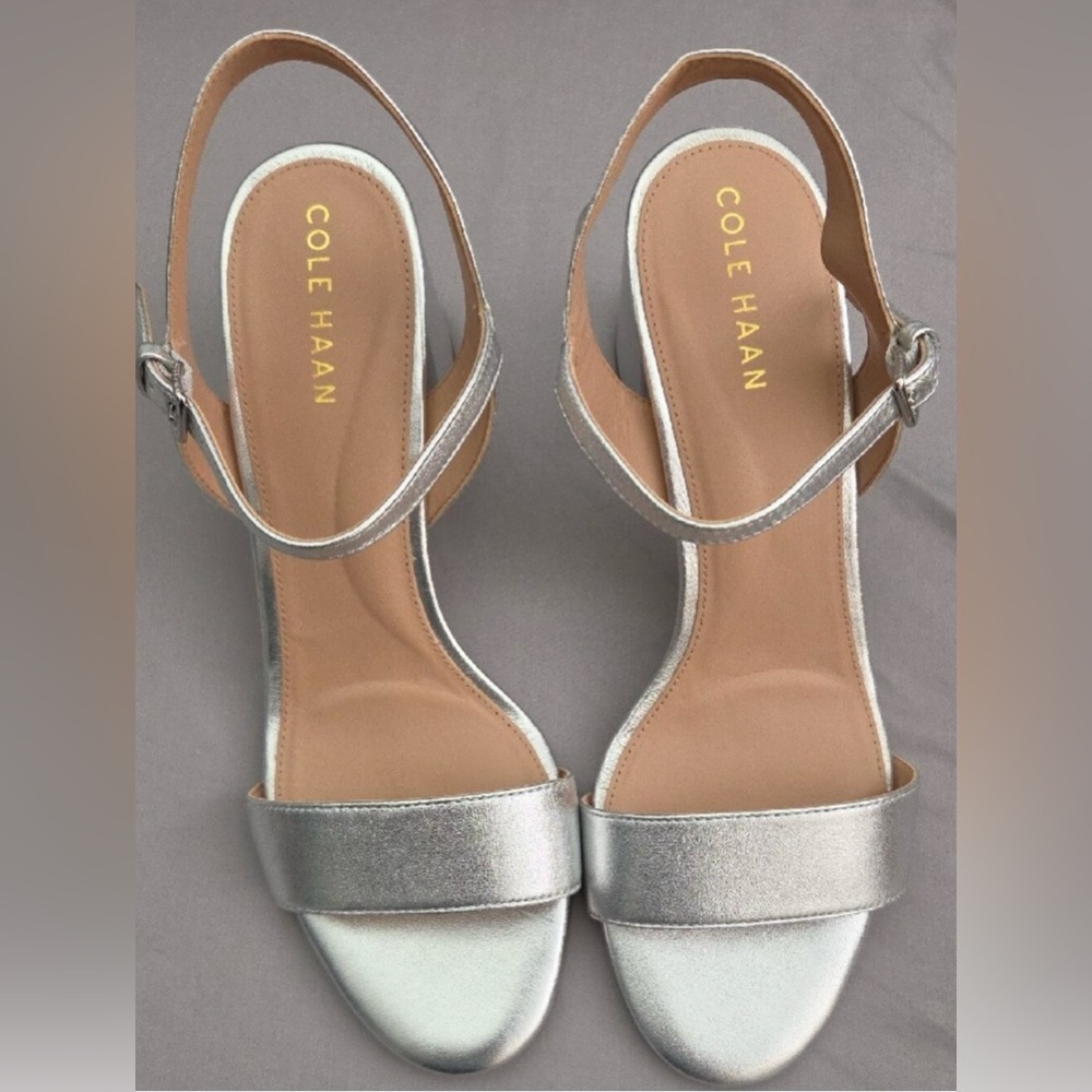 Cole Haan Silver Ankle-Strap Low Block Heel Sandals. New. Tiny Heel Rub.